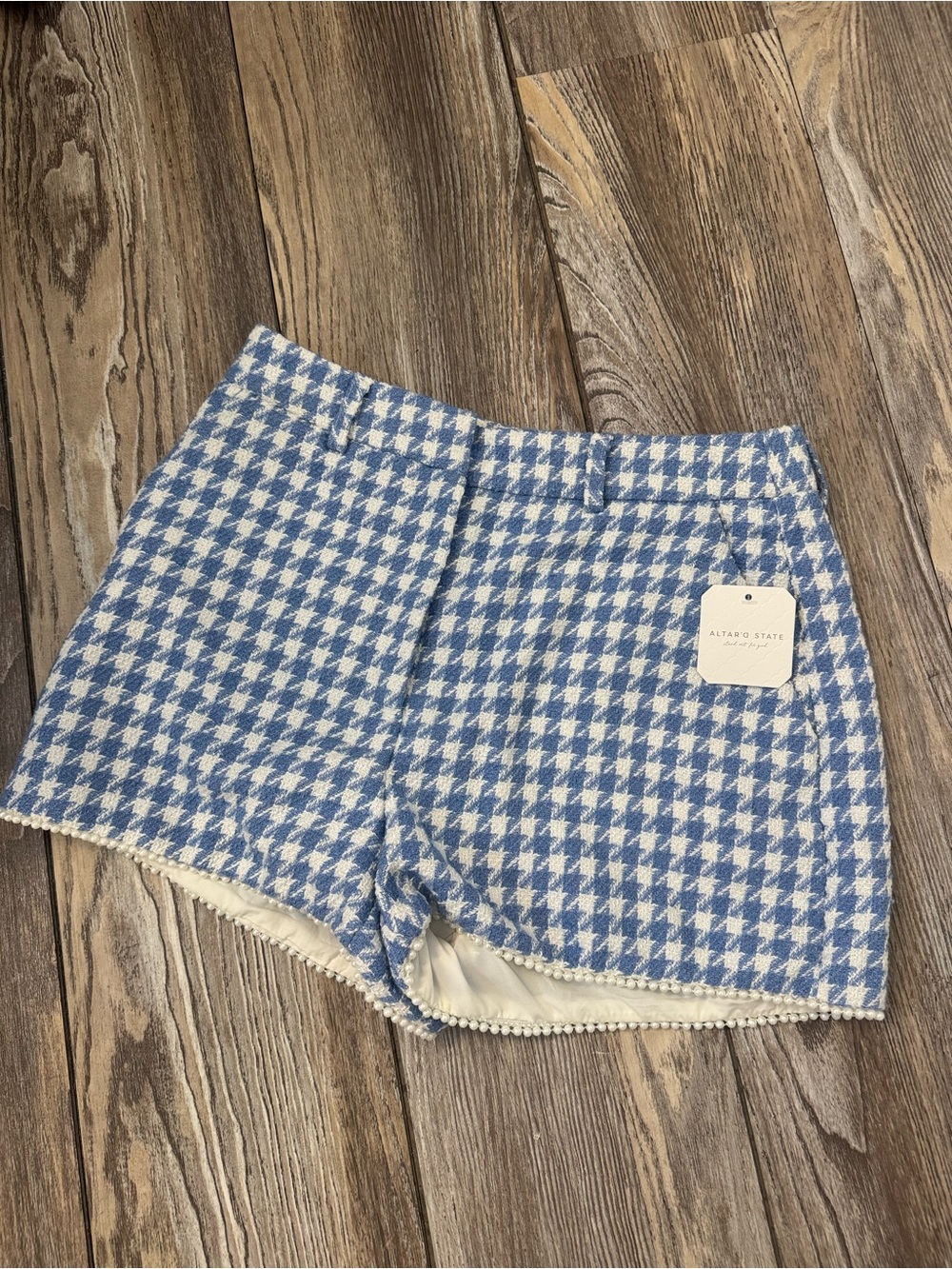 Altar'd State Blue & White Houndstooth High-Waist Tweed Shorts